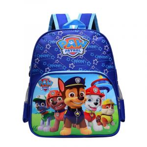 Rugzak voor kinderen met Patrol motief erop. De tas is blauw en bevat Chase, Marcus, Ruben en Stella.
