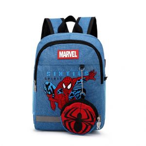 Spiderman blauwe denim rugzak met witte achtergrond
