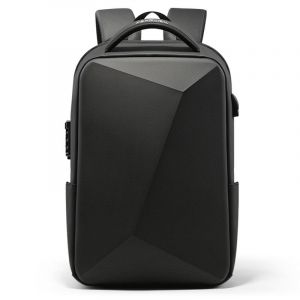 Hardschalige rugzak voor laptop. Er zit een genummerd hangslot op. De tas is zwart met een modern ontwerp. Hij heeft een kleine schouderriem en twee schouderbanden om hem op uw rug te dragen.